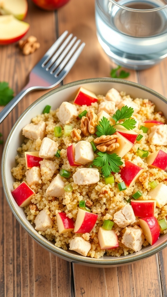 A colorful quinoa chicken salad with apples, celery, walnuts, and parsley in a bowl on a wooden table.